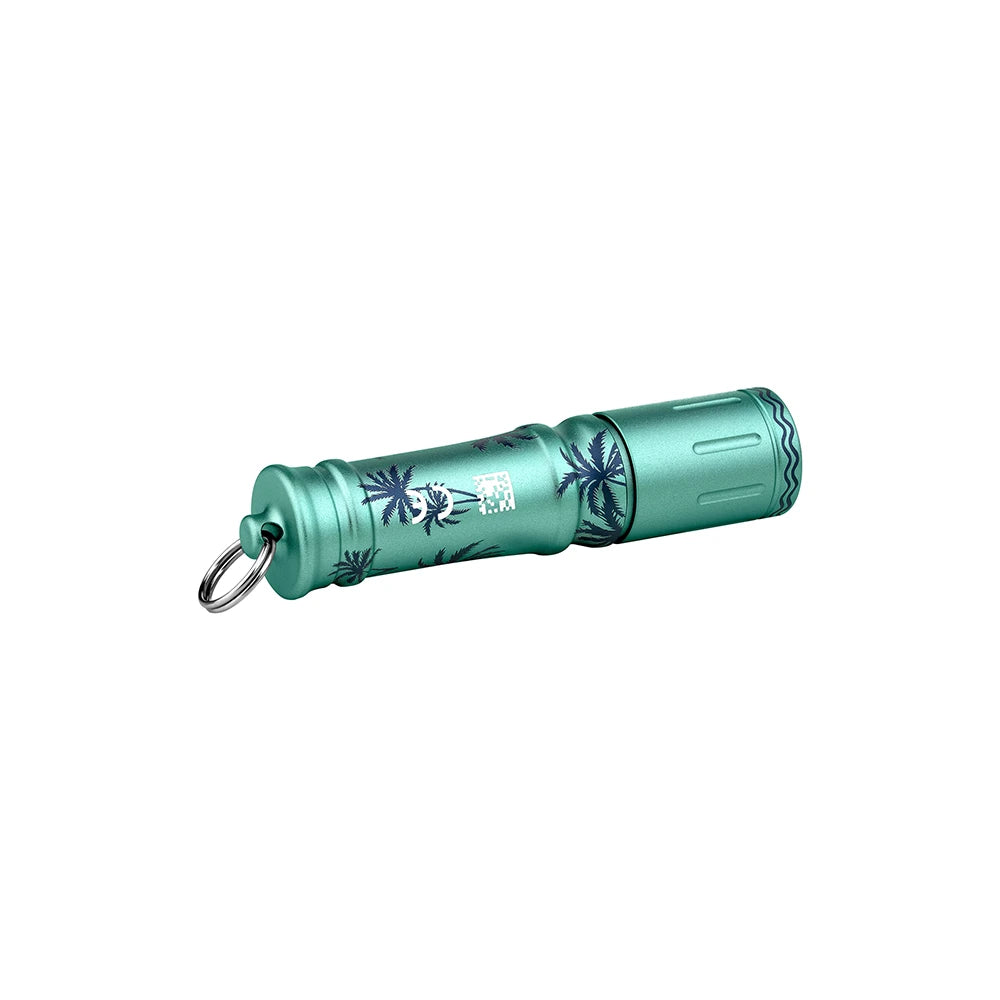 Olight I3E Teal Keychain Flashlight with Palm Tree Design for Everyday Carry