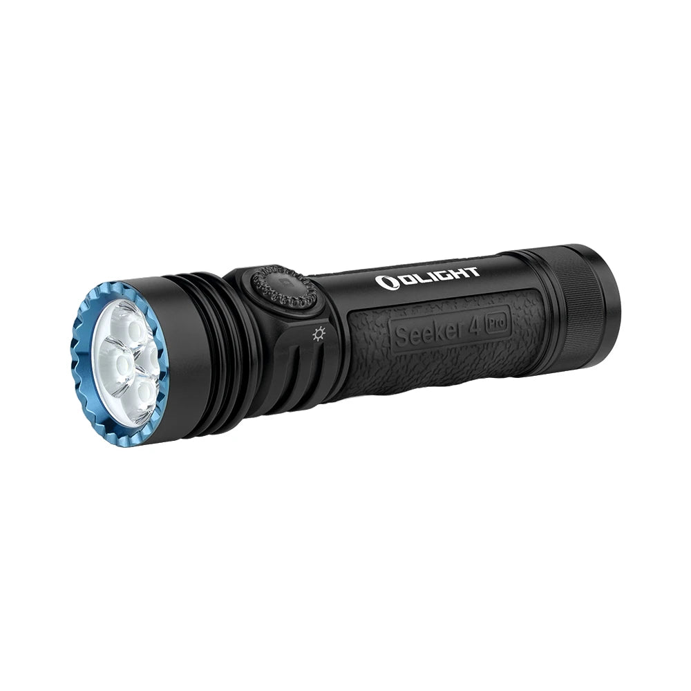 Olight Black Seeker 4 Pro flashlight side view with blue bezel and textured grip for powerful illumination.