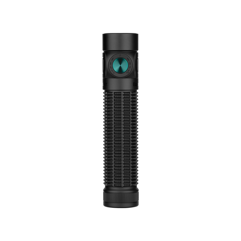 Black tactical flashlight, green button, knurled grip, for outdoor activities