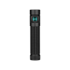 Black tactical flashlight, green button, knurled grip, for outdoor activities