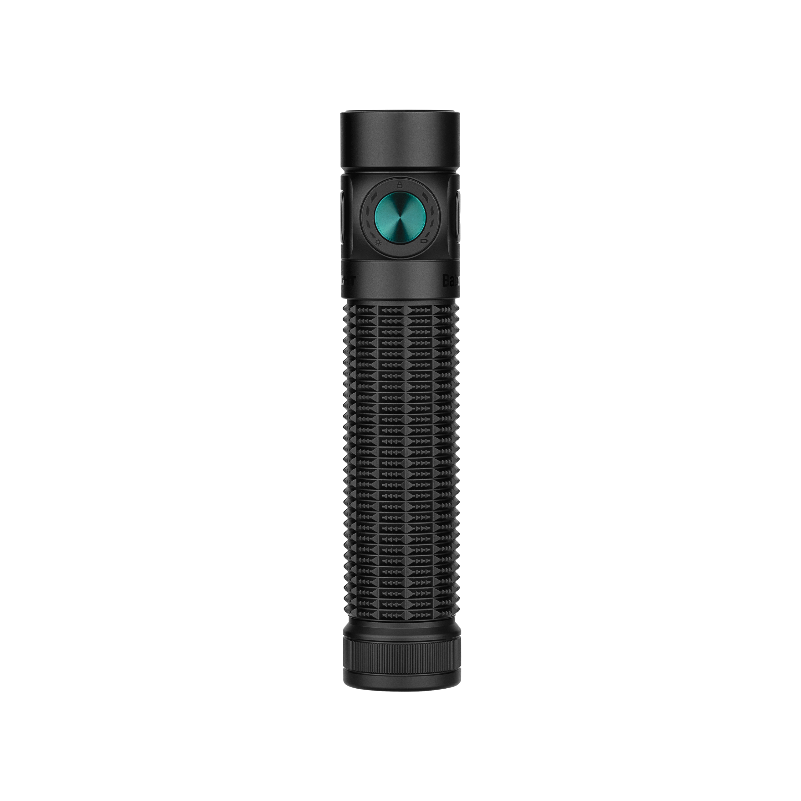 Black tactical flashlight, green button, knurled grip, for outdoor activities