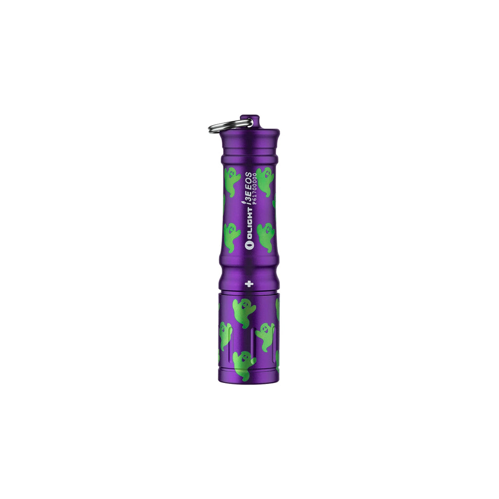 Olight Purple I3E EOS Keychain Flashlight with Green Ghost Pattern for Everyday Carry and Halloween