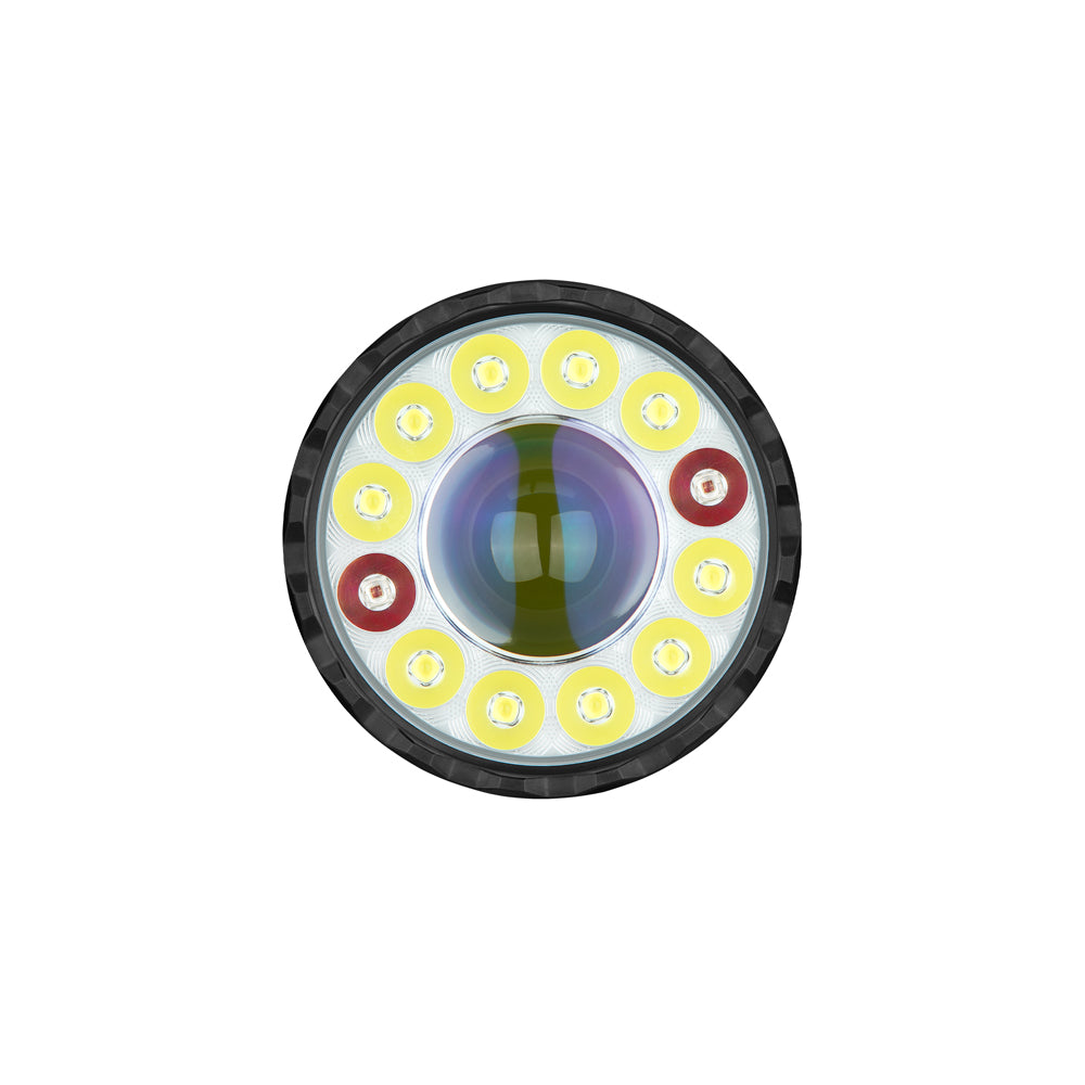 Olight Marauder Mini 2 flashlight head-on with spotlight and floodlight LEDs for powerful illumination.