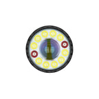 Olight Marauder Mini 2 flashlight head-on with spotlight and floodlight LEDs for powerful illumination.
