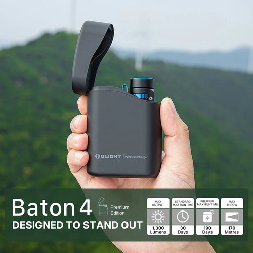 Olight dark gray Baton 4 Premium Edition wireless charging case open, revealing flashlight, for outdoor adventures.