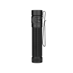 Olight Baton 4 Pro black everyday carry tactical flashlight with textured grip, metal pocket clip, and lanyard