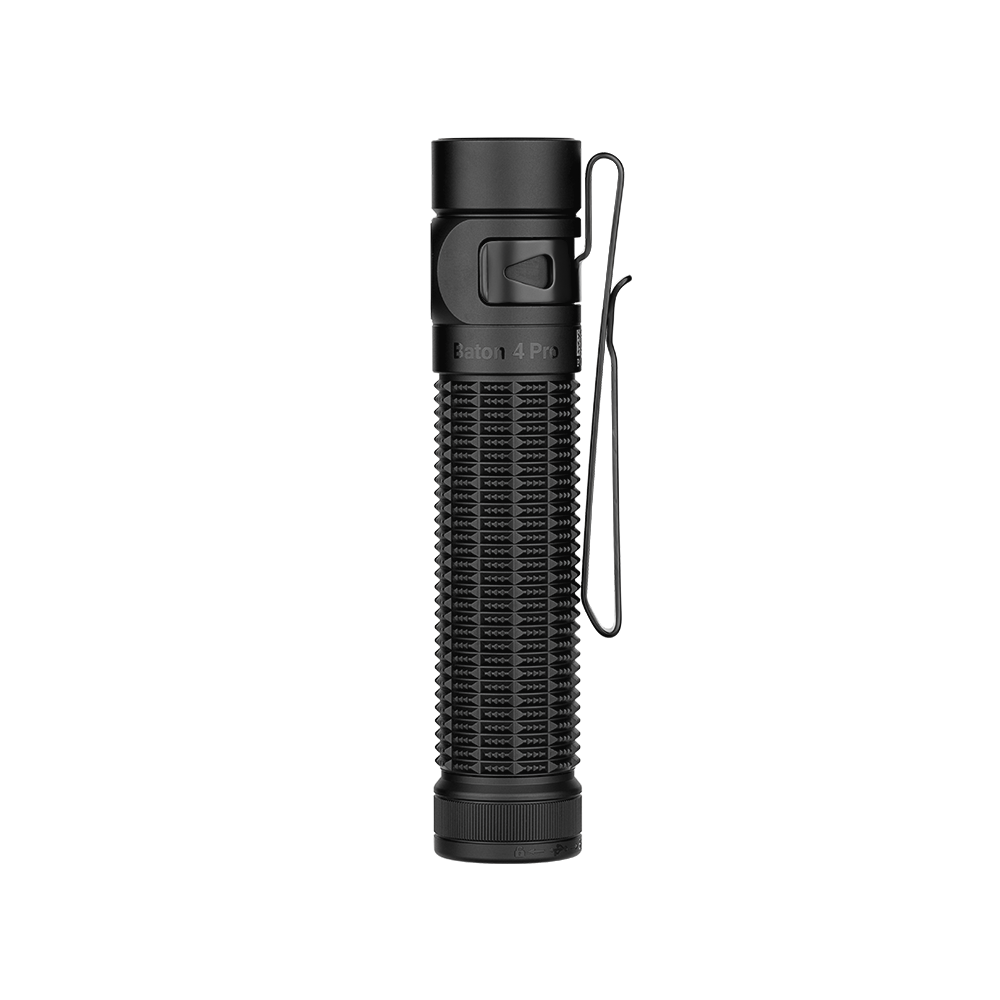 Olight Baton 4 Pro black everyday carry tactical flashlight with textured grip, metal pocket clip, and lanyard