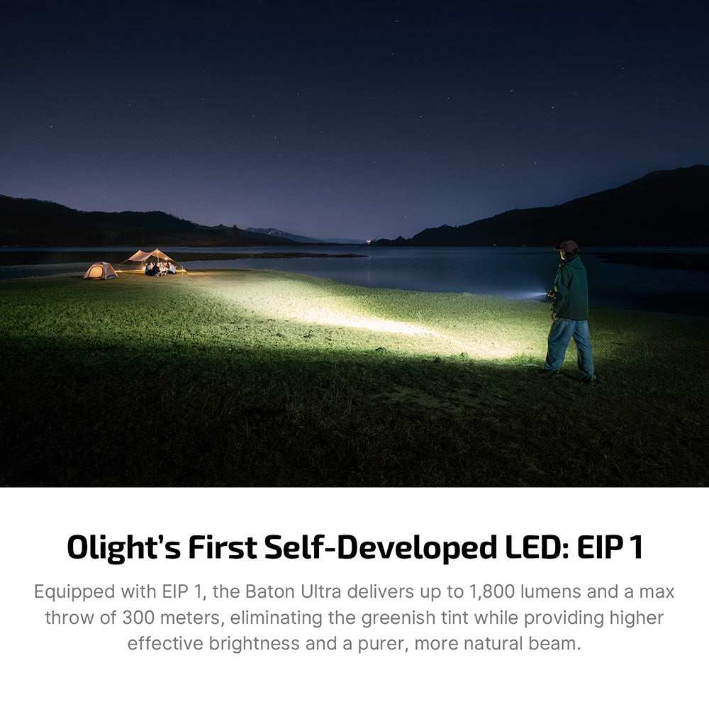 Baton Ultra lighting up a campsite at night with its 300 metre beam