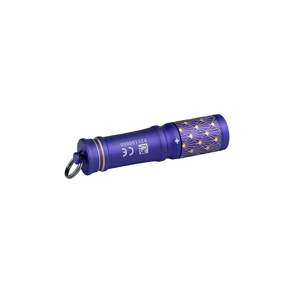 Olight I3E Purple Flashlight with Gold Pattern, Side View, Compact and Portable for Everyday Carry