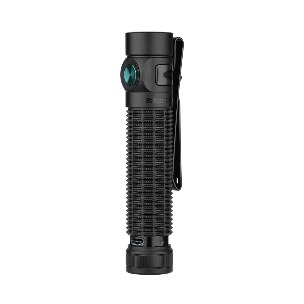 Baton 4 Pro black tactical flashlight with textured grip and blue side switch, featuring a pocket clip and charging port