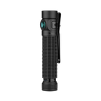 Baton 4 Pro black tactical flashlight with textured grip and blue side switch, featuring a pocket clip and charging port