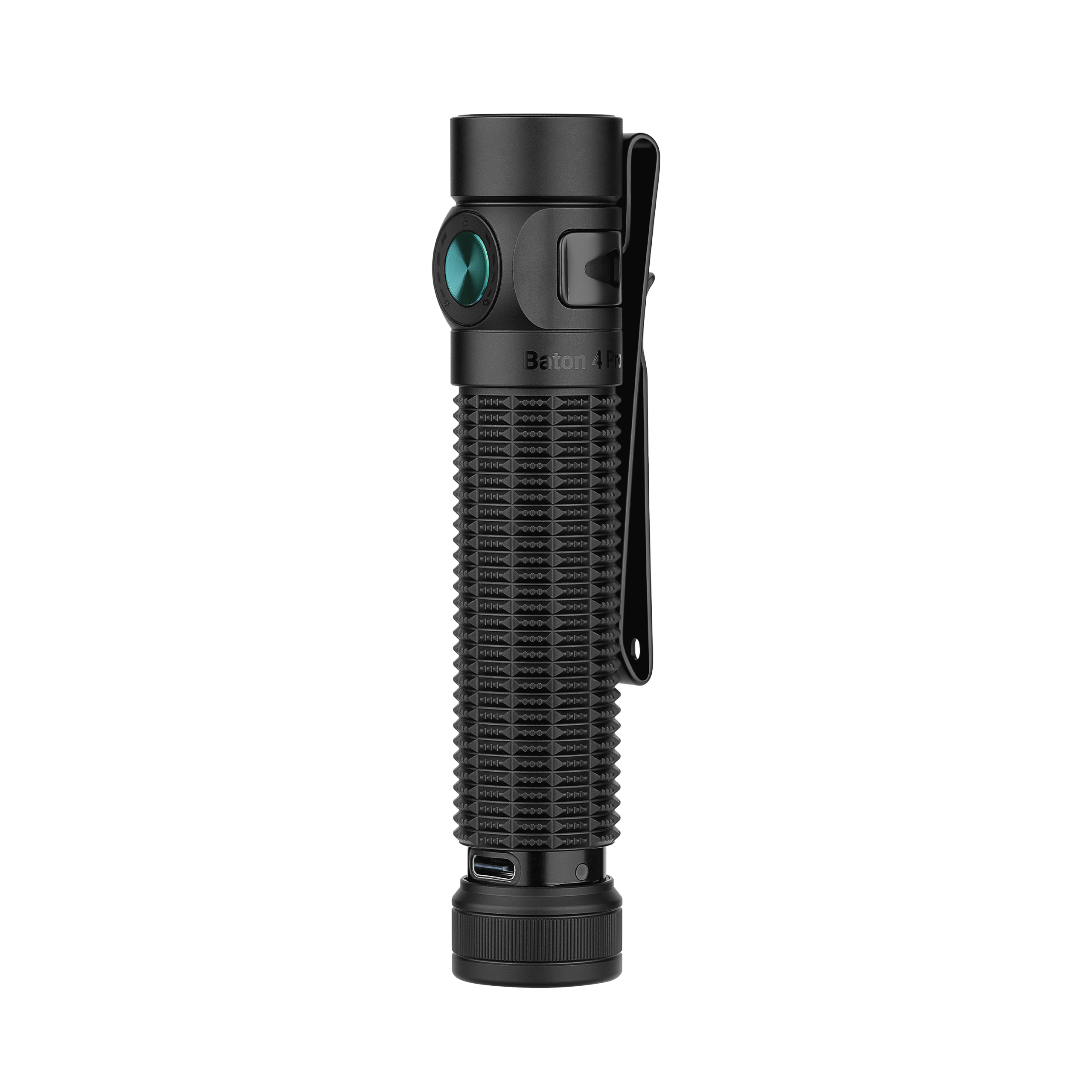 Baton 4 Pro black tactical flashlight with textured grip and blue side switch, featuring a pocket clip and charging port