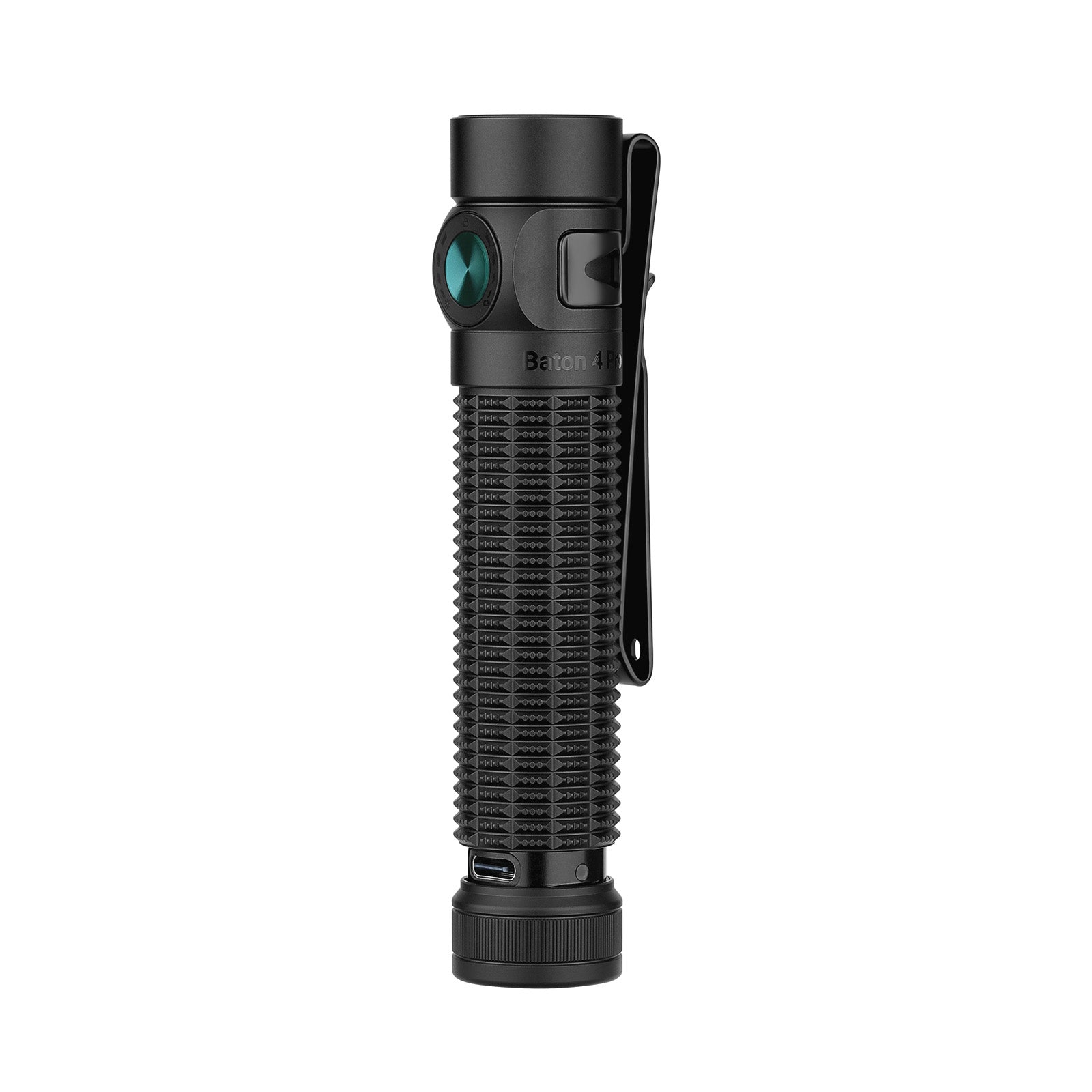 Black tactical flashlight, "Baton 4 Pro" visible, green lens, textured grip, pocket clip.