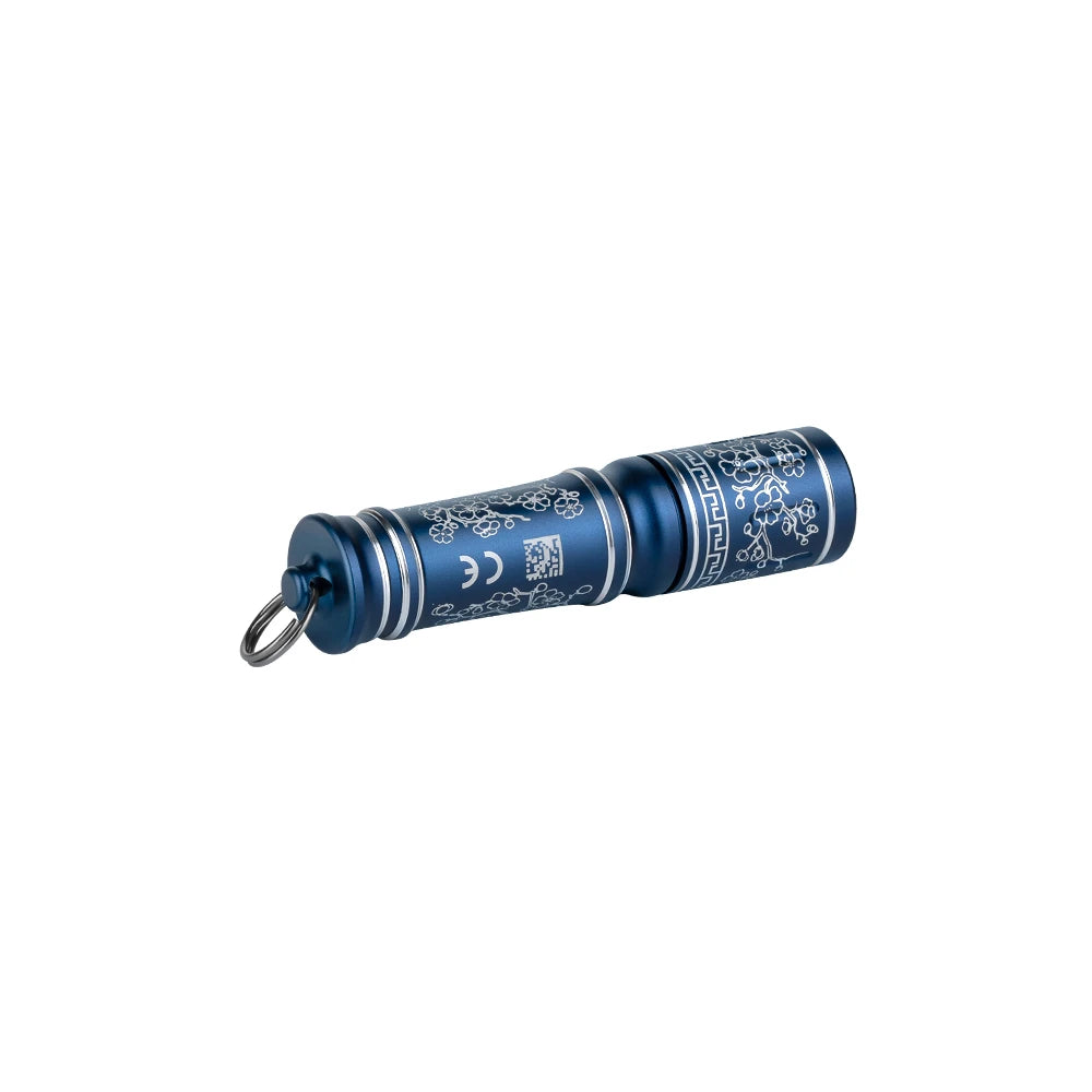 Olight Blue I3E Flashlight with Decorative Engraving and Keychain Ring for Everyday Carry