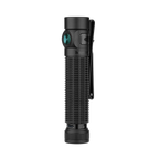Black Baton 4 Pro EDC flashlight with green lens, textured body, and pocket clip, white background.