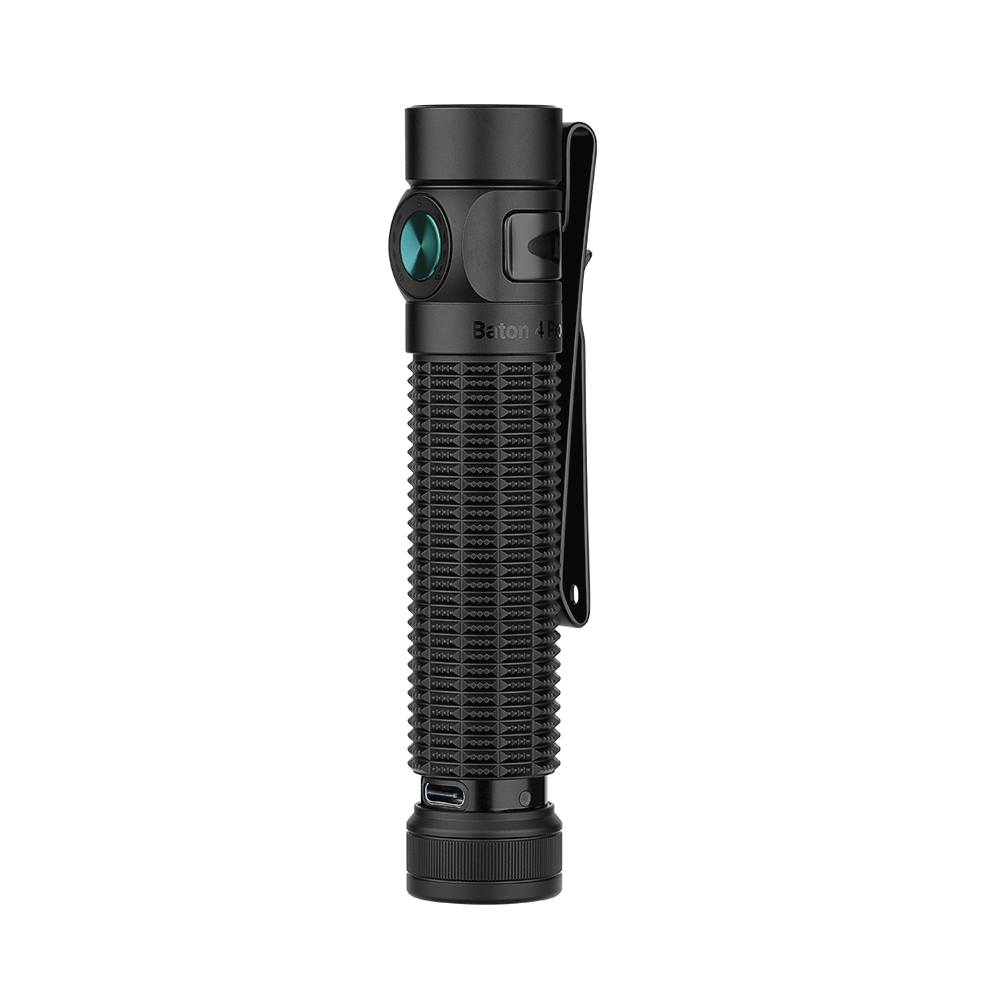 Black Baton 4 Pro EDC flashlight with green lens, textured body, and pocket clip, white background.