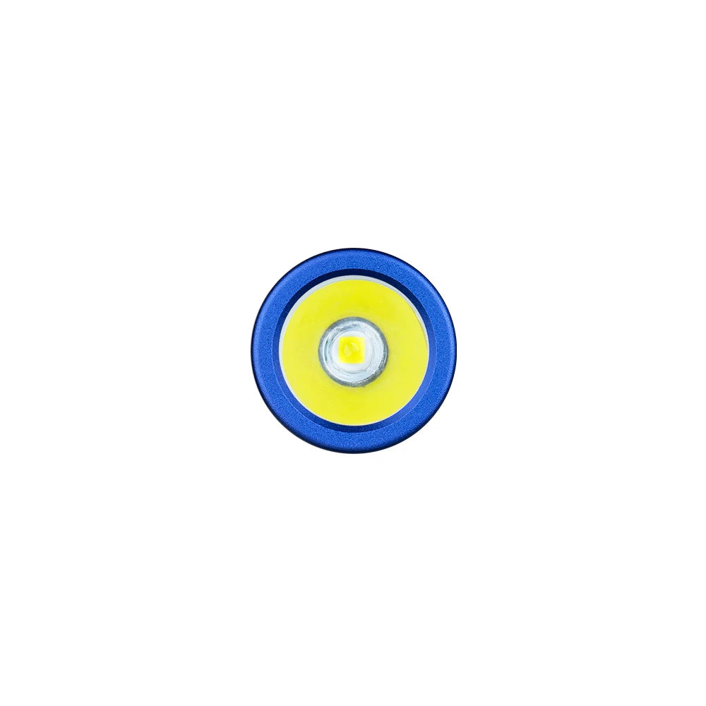 Olight Blue I3E Flashlight Head On View with LED Light for Everyday Carry