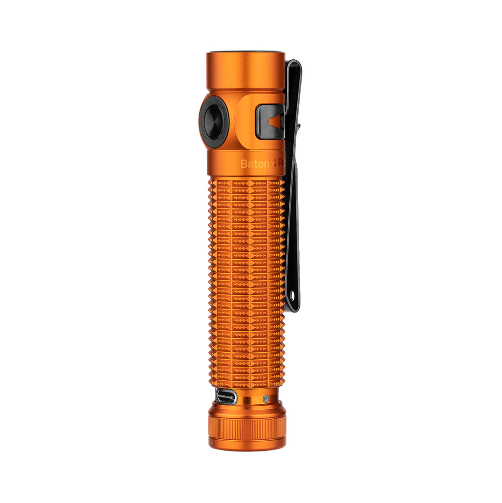Orange Baton 4 Pro rechargeable flashlight with clip, textured body, and USB-C charging port