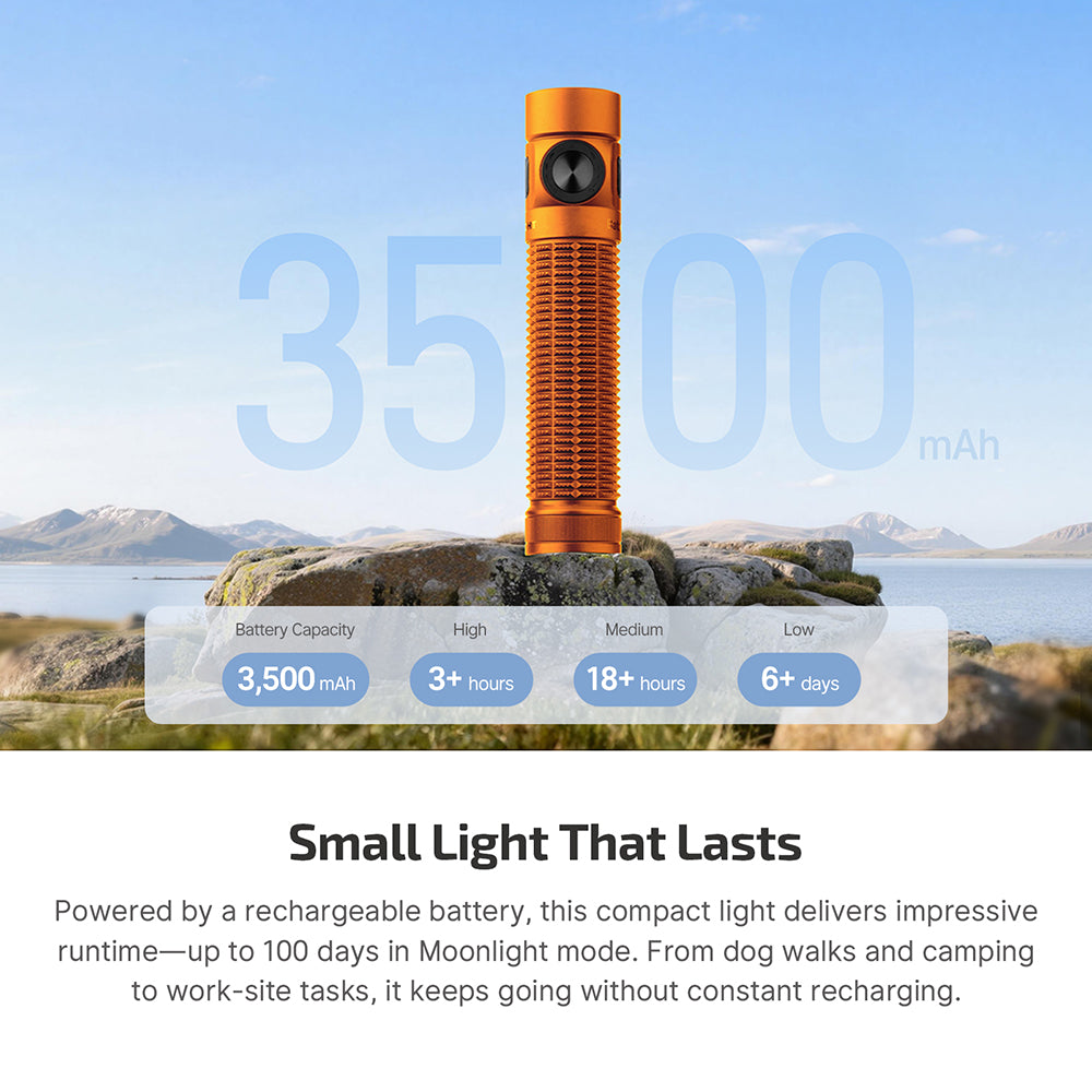 Orange rechargeable flashlight, 3500mAh battery, 6+ days runtime, on rocks by lake, mountains, blue sky