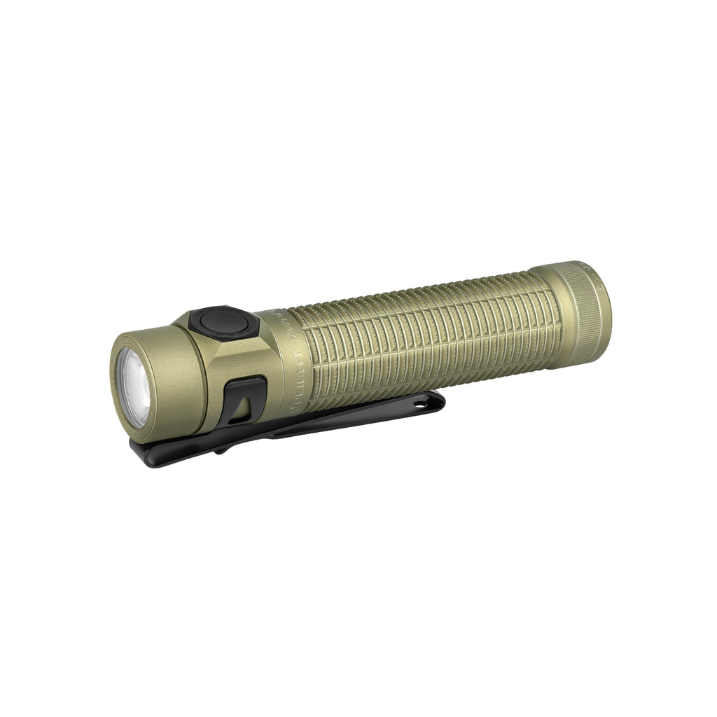 Olive Green Baton Ultra flashlight side profile with pocket clip