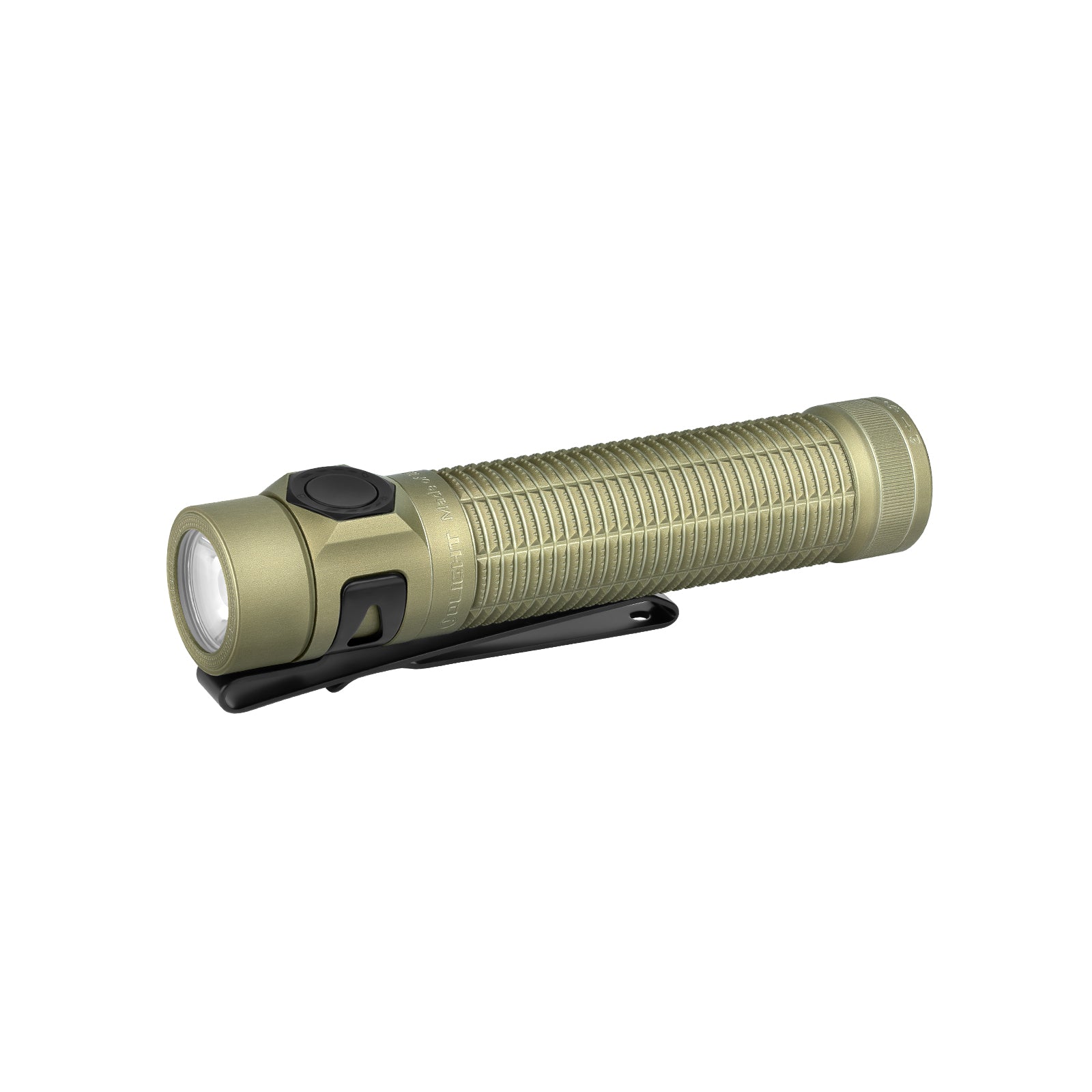 Olive Green Baton Ultra flashlight side profile with pocket clip