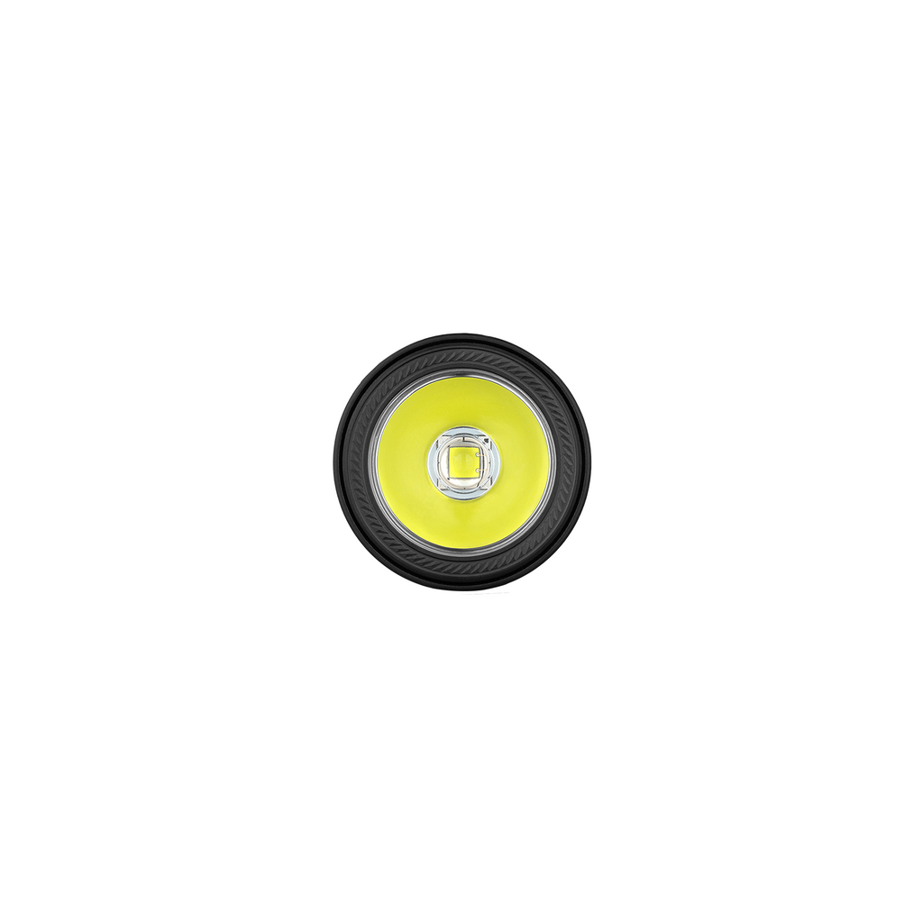 Round LED flashlight head, bright yellow light, black border, white background