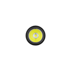 Round LED flashlight head, bright yellow light, black border, white background