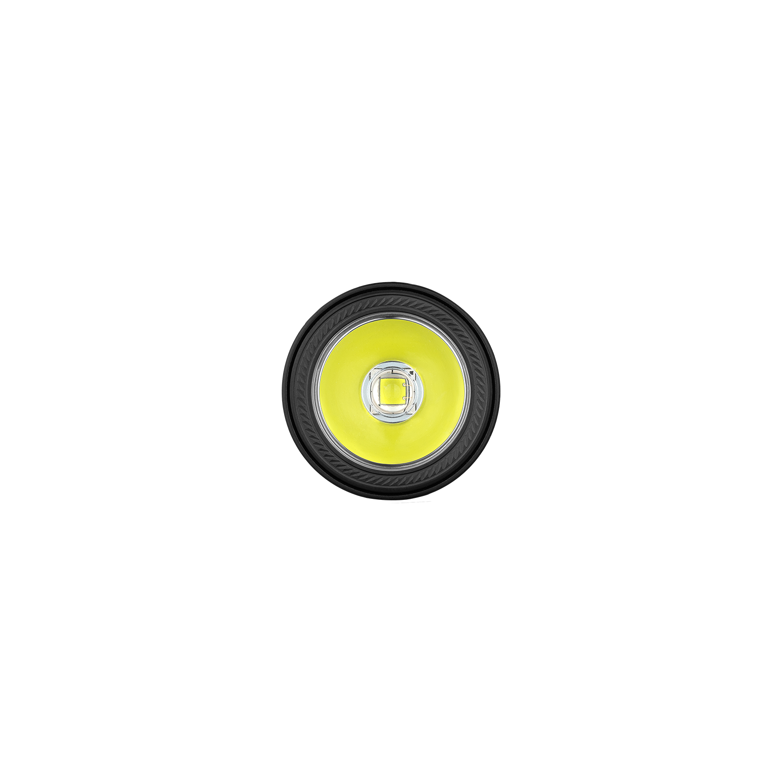 Round LED flashlight head, bright yellow light, black border, white background