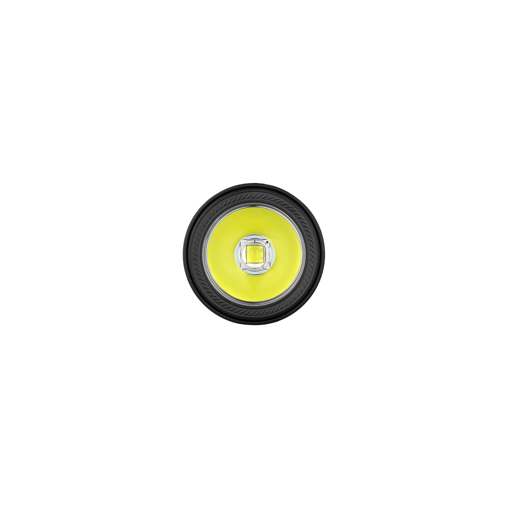 Bright LED flashlight head on black background, showcasing powerful illumination