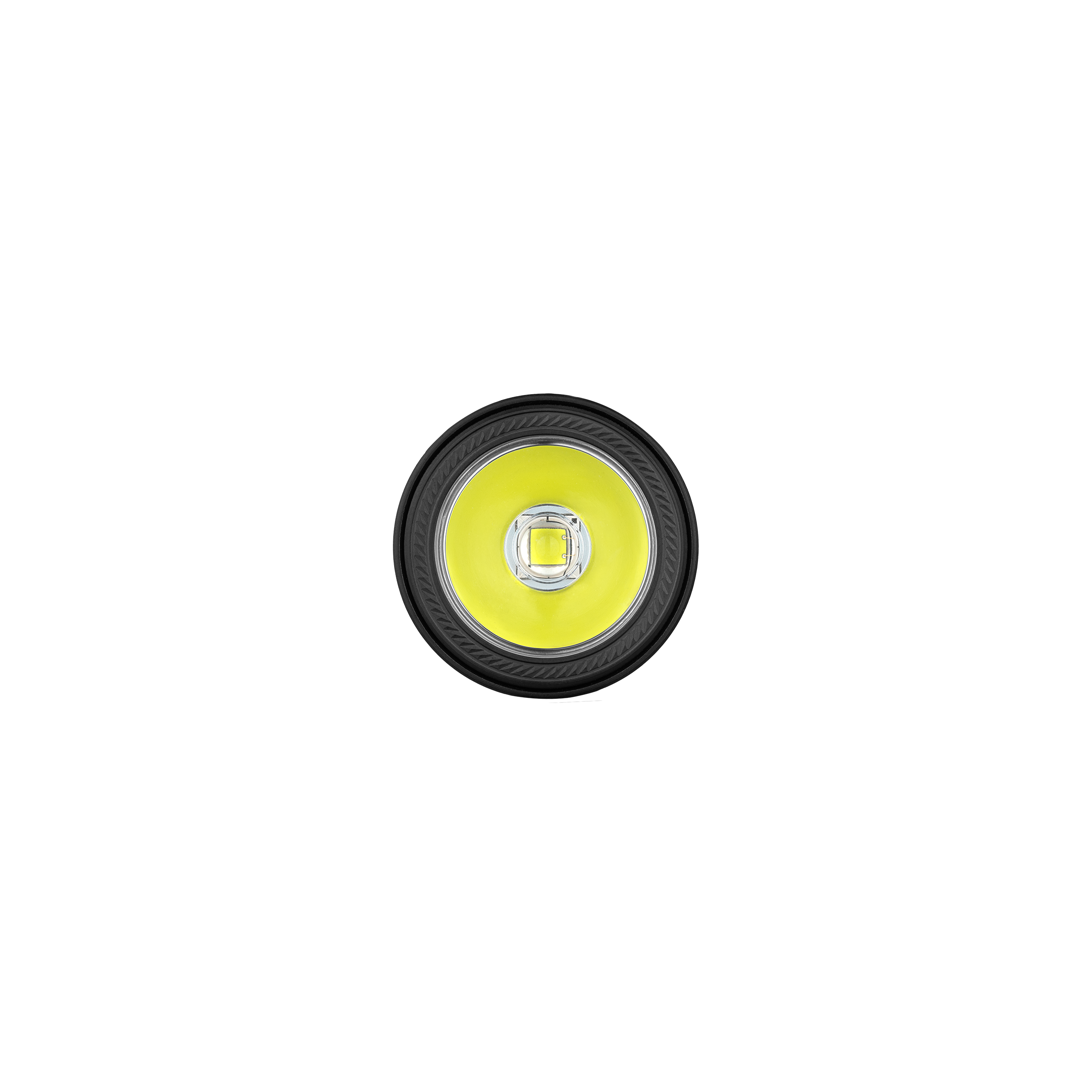 Bright LED flashlight head on black background, showcasing powerful illumination