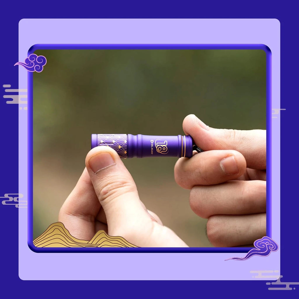 Olight Purple I3E EOS keychain flashlight held in hand for everyday carry.