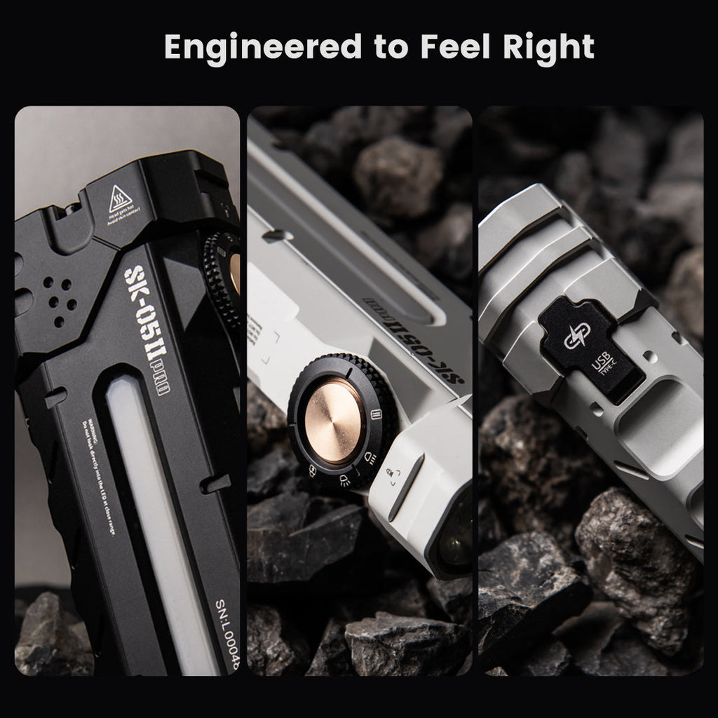 SK05 Pro 2 build details in Black and Mao White: pocket clip, sidelight strip and knurled dial