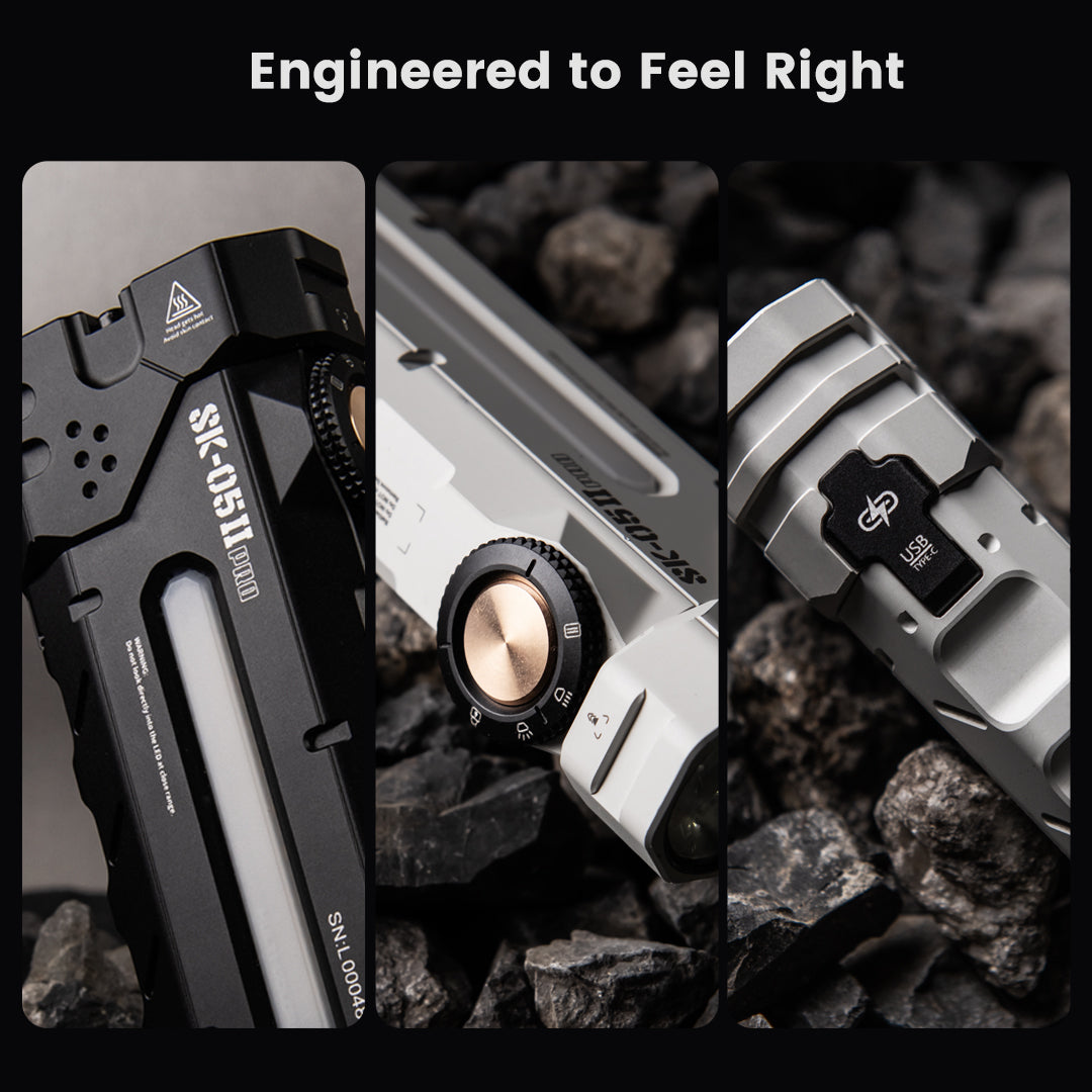 SK05 Pro 2 build details in Black and Mao White: pocket clip, sidelight strip and knurled dial