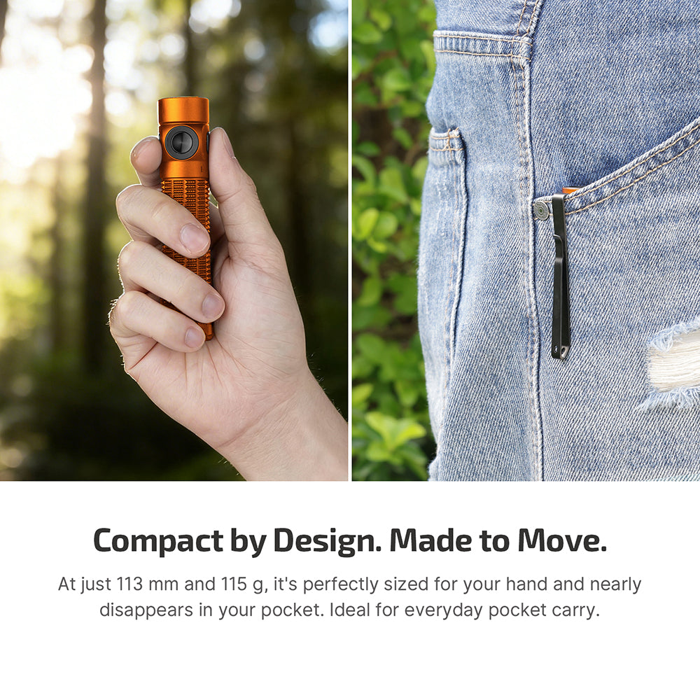Hand holding compact orange flashlight, flashlight clipped to jean pocket for EDC