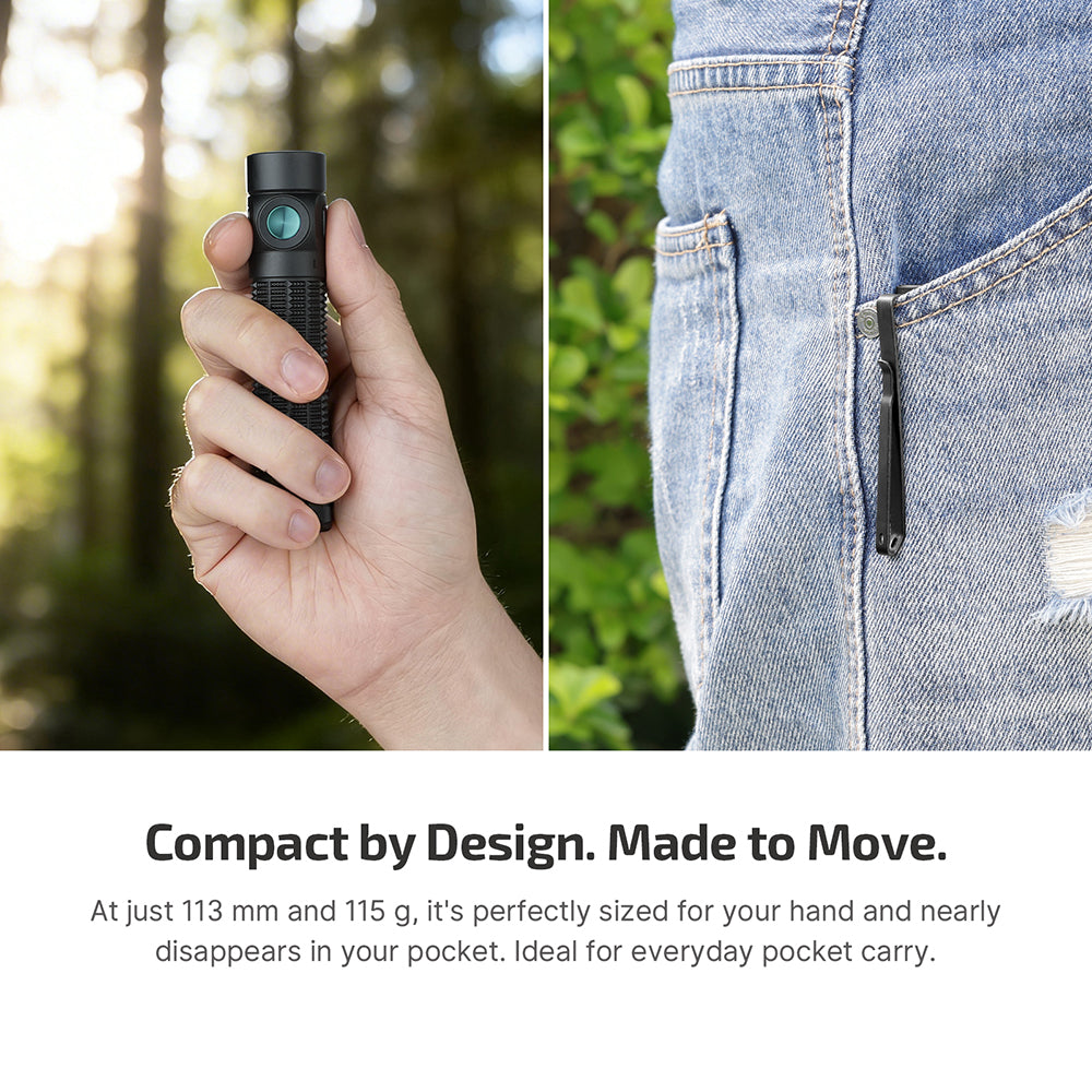 Compact black flashlight in hand and clipped to a jeans pocket, ideal for everyday carry in nature.