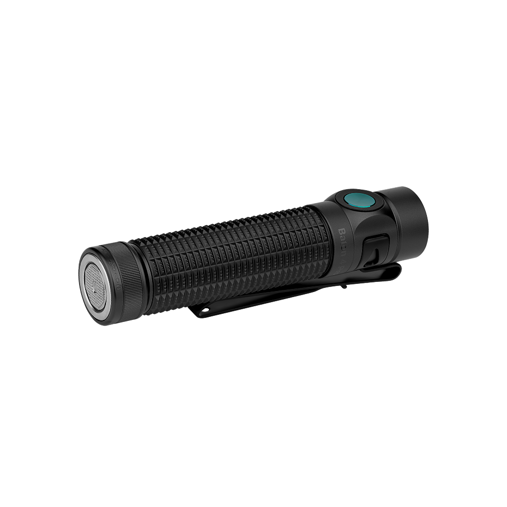 Black textured flashlight with a bright teal power button and a silver end cap, shown on a white background.