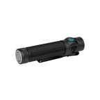 Black tactical flashlight with textured grip, turquoise button, and pocket clip, for outdoor, camping, or emergency use.