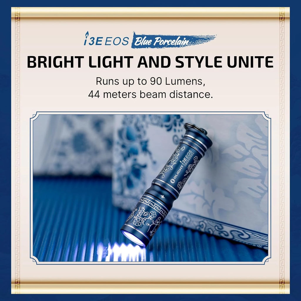 Olight Blue Porcelain I3E EOS Flashlight emitting 90 lumens, compact and stylish for everyday carry.