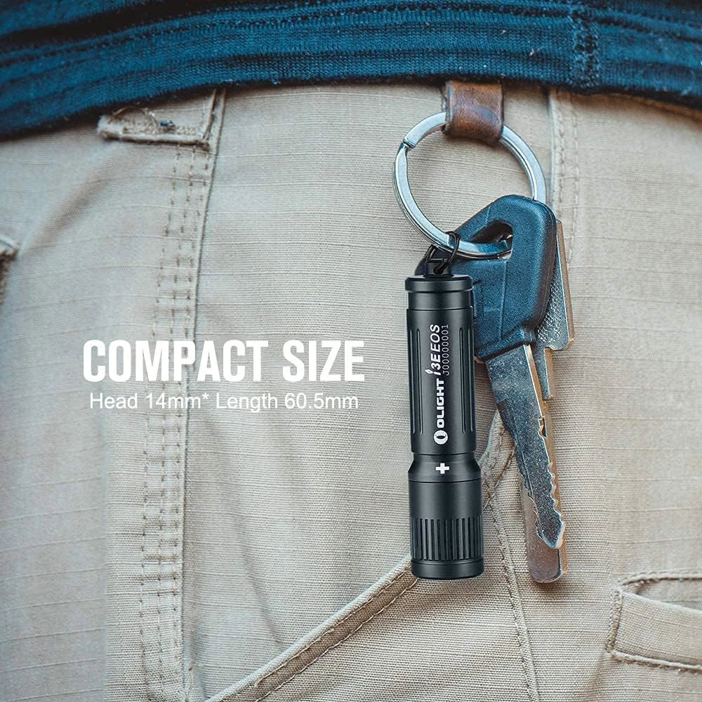 Olight Black I3E EOS keychain flashlight side view, compact size for everyday carry and outdoor use.