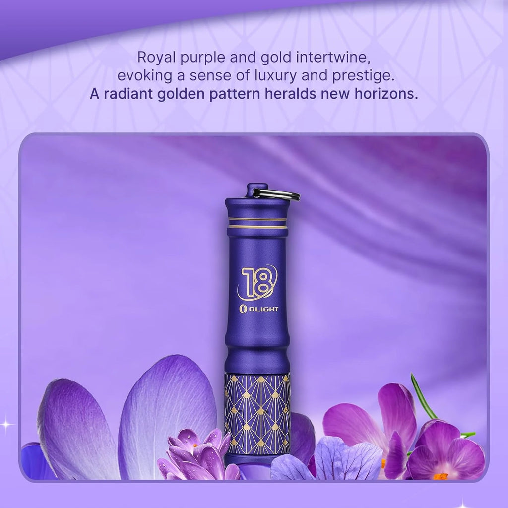 Olight Royal Purple I3E Flashlight with Golden Pattern and Keychain, surrounded by purple flowers.