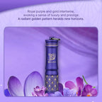 Olight Royal Purple I3E Flashlight with Golden Pattern and Keychain, surrounded by purple flowers.
