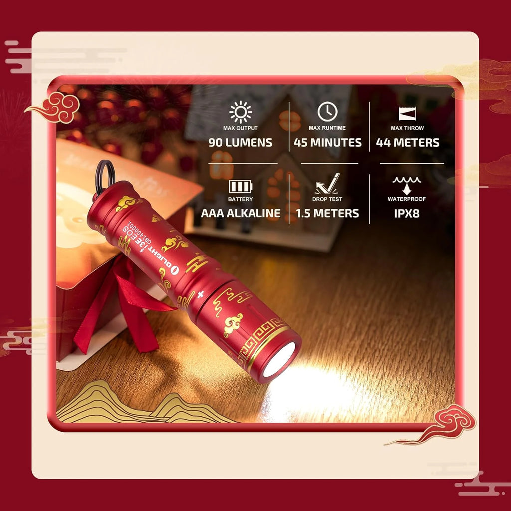 Olight Red I3E EOS Flashlight with Chinese New Year Patterns, 90 Lumens, 45 Minutes Runtime for gifting