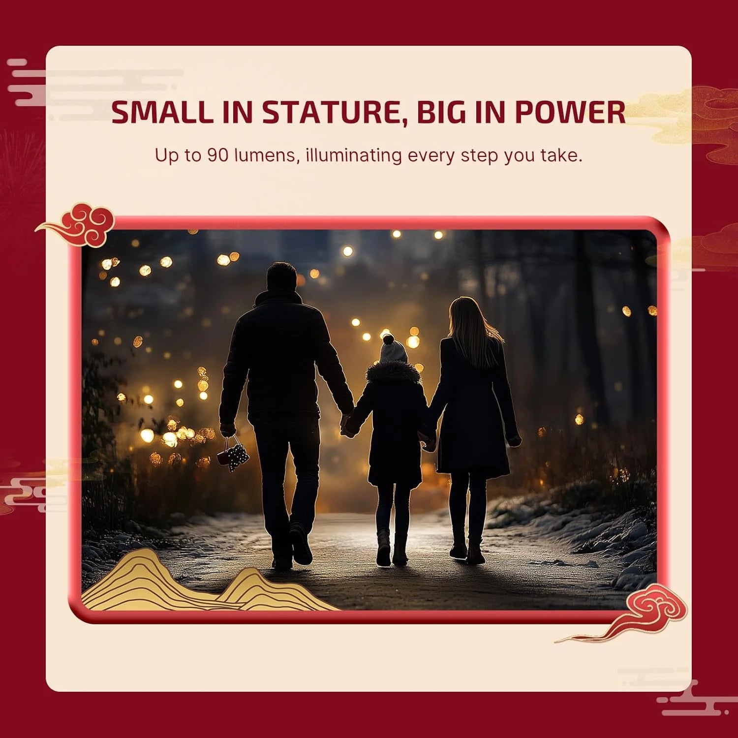 Olight I3E illuminating a family walking on a path at night, highlighting its powerful illumination in a compact design.