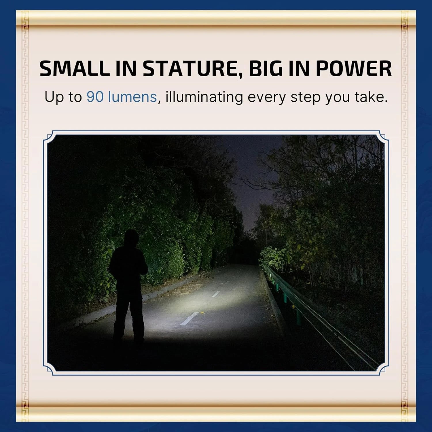 Olight I3E flashlight illuminating a dark path at night for outdoor walking and safety