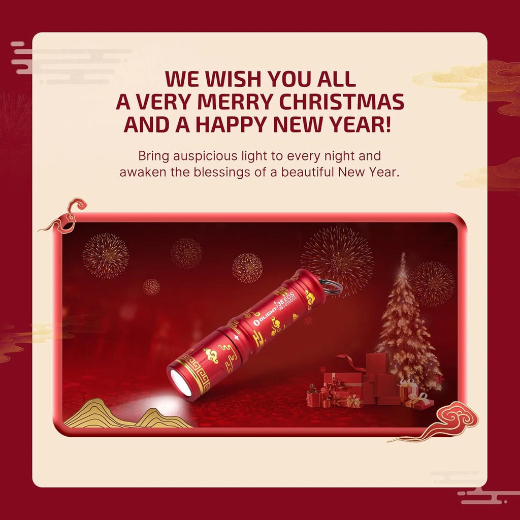 Olight Red I3E EOS Flashlight with Chinese New Year Patterns, emitting light for festive occasions.