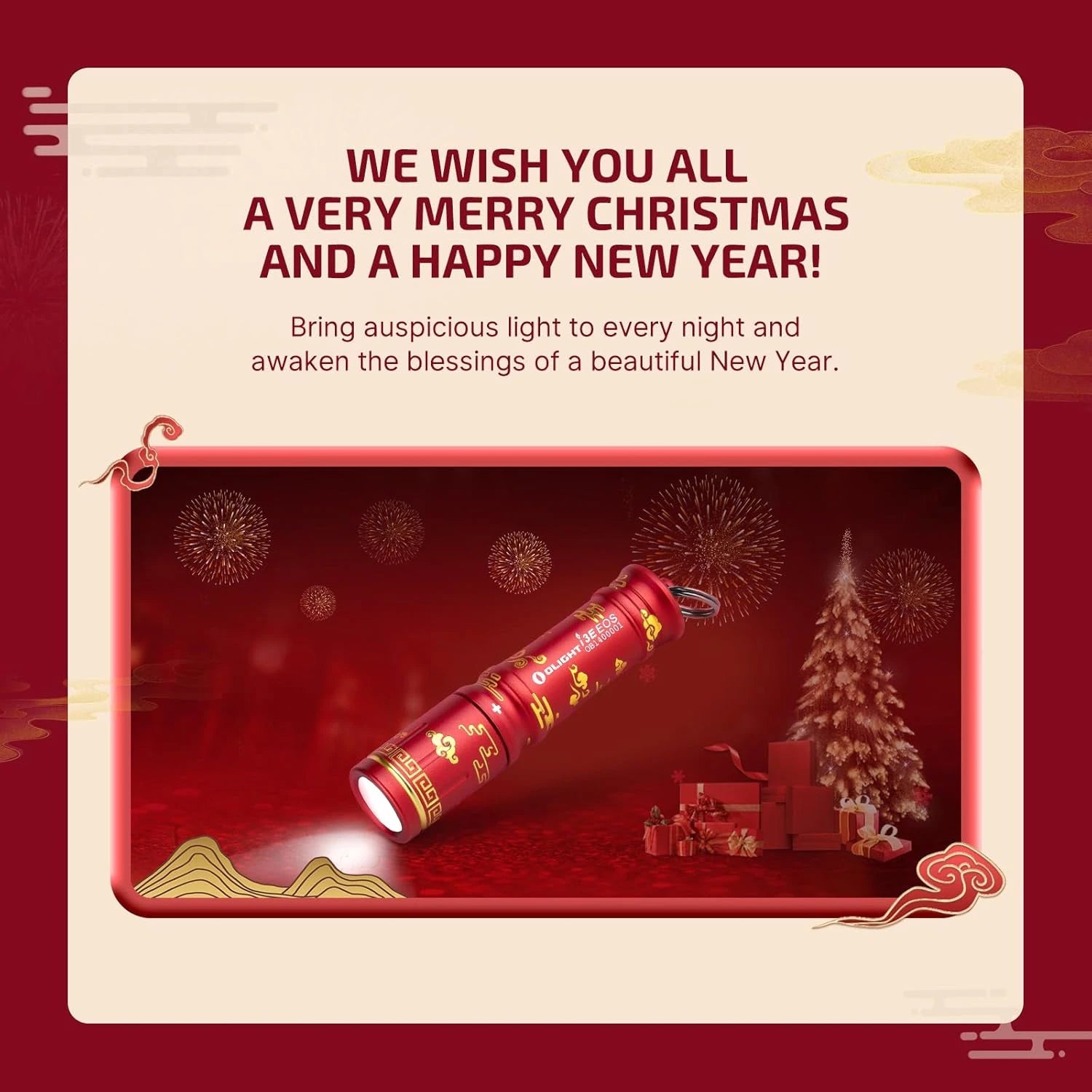 Olight Red I3E EOS Flashlight with Chinese New Year Patterns, emitting light for festive occasions.