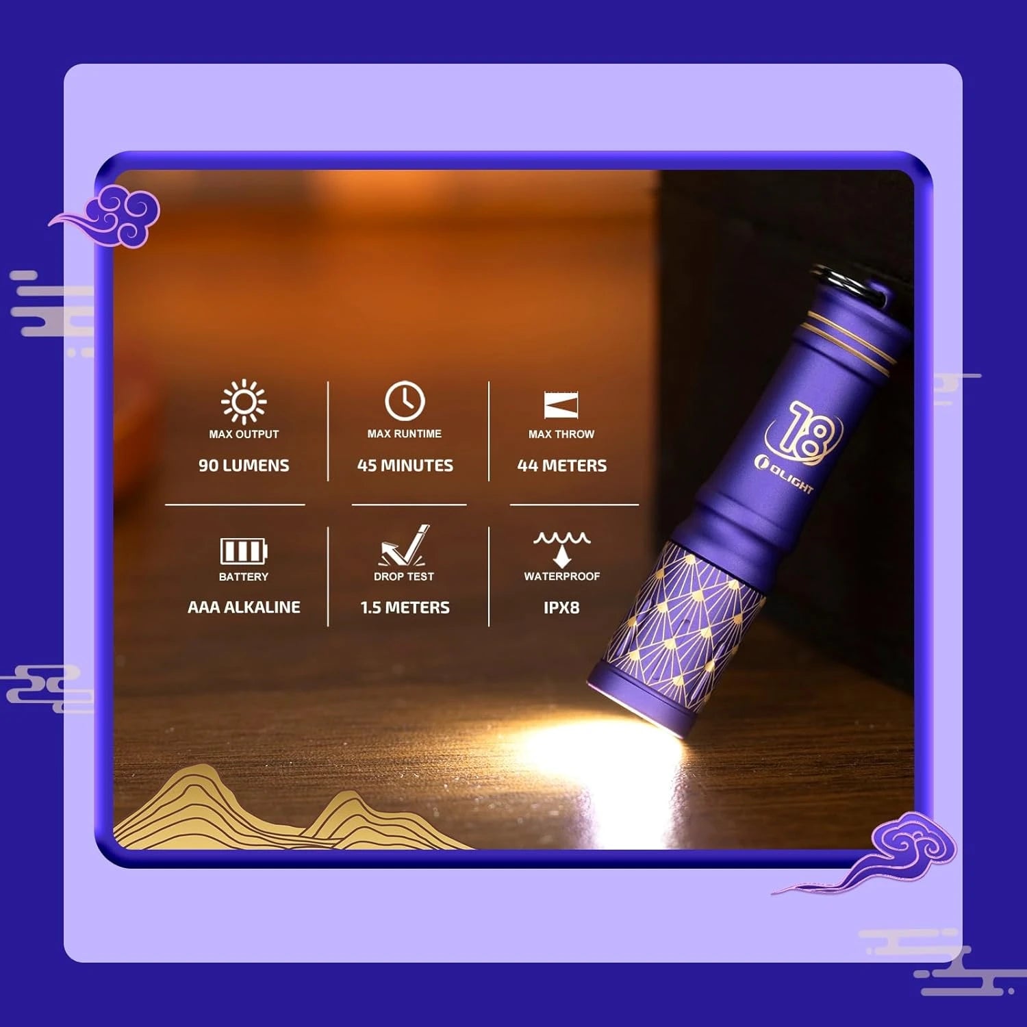 Olight Purple I3E EOS Flashlight Illuminating a Surface, highlighting 90 Lumens, 45 Minutes Runtime, and IPX8 Waterproofing