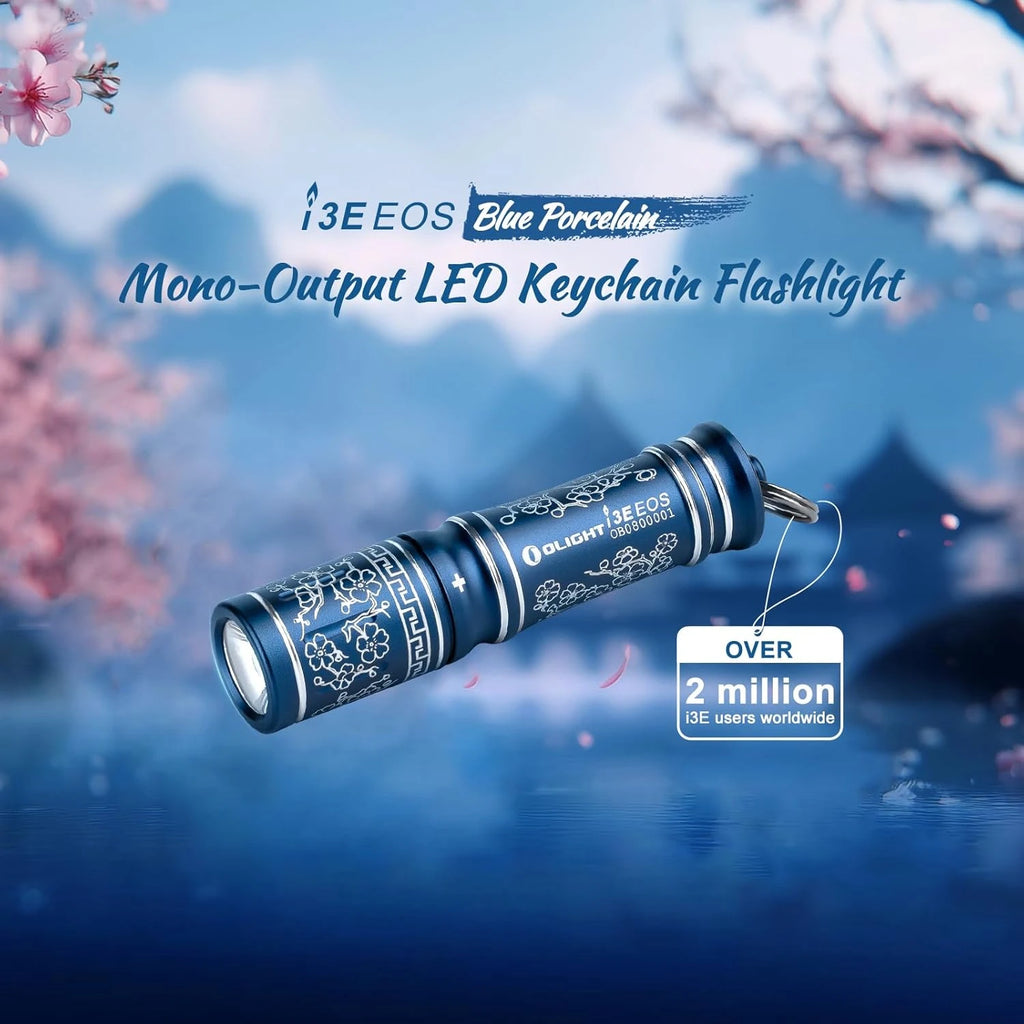 Olight Blue Porcelain I3E EOS Mono-Output LED Keychain Flashlight with Floral Design for Everyday Carry