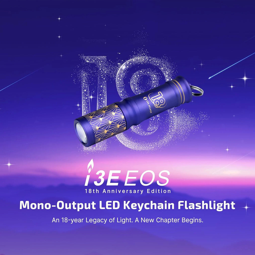Olight Blue i3E EOS 18th Anniversary Edition Keychain Flashlight, featuring a mono-output LED and gold pattern, for everyday carry.