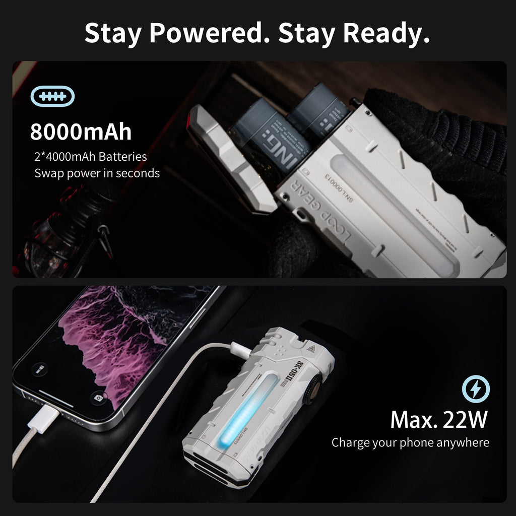 SK05 Pro 2 dual 4,000 mAh swappable batteries and 22W USB-C power bank charging a phone
